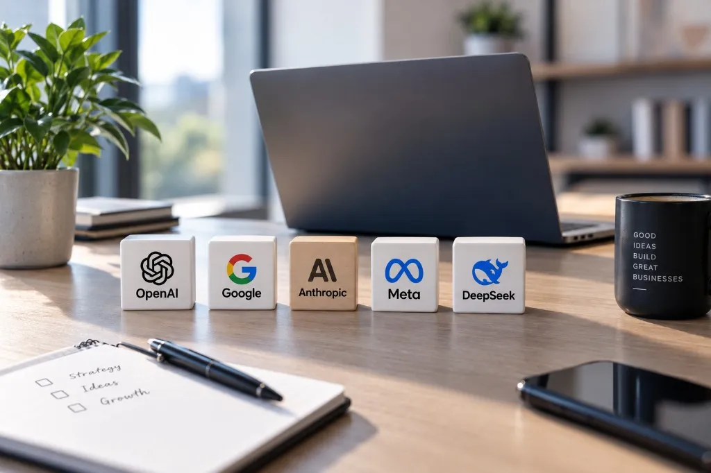 Desk blocks labeled OpenAI, Google, Anthropic, Meta, and DeepSeek in front of a laptop
